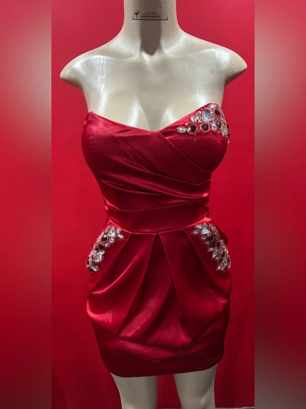 B Darlin Strapless Red Satin Cocktail Dress with Crystal Accents